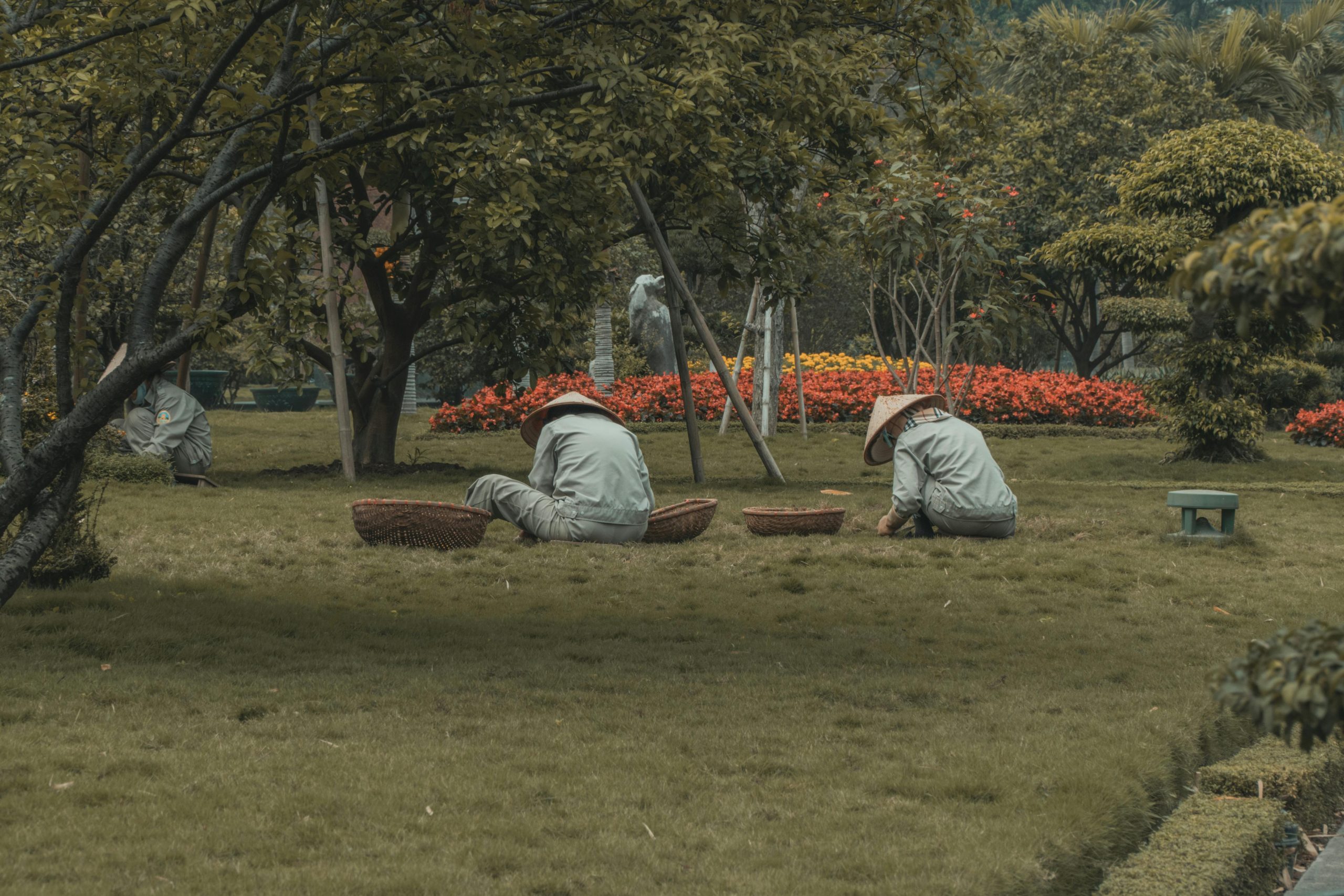 Gardening workers in hats tending a park with vibrant plants.
